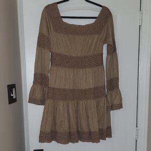 Freeway Tan Long Sleeve Western Style Dress with Lace Accents.